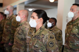 Soldiers with 239th Military Police Company, 773rd Military Police Battalion, participate in a deployment ceremony at Gillis W. Long Center, Carville, La., May 15, 2021 before heading to Fort Bliss to begin their near year-long deployment to the Middle East. (U.S. Air National Guard photo by Master Sgt. Toby Valadie)