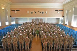 Soldiers with 239th Military Police Company, 773rd Military Police Battalion, participate in a deployment ceremony at Gillis W. Long Center, Carville, La., May 15, 2021 before heading to Fort Bliss to begin their near year-long deployment to the Middle East. (U.S. Air National Guard photo by Master Sgt. Toby Valadie)