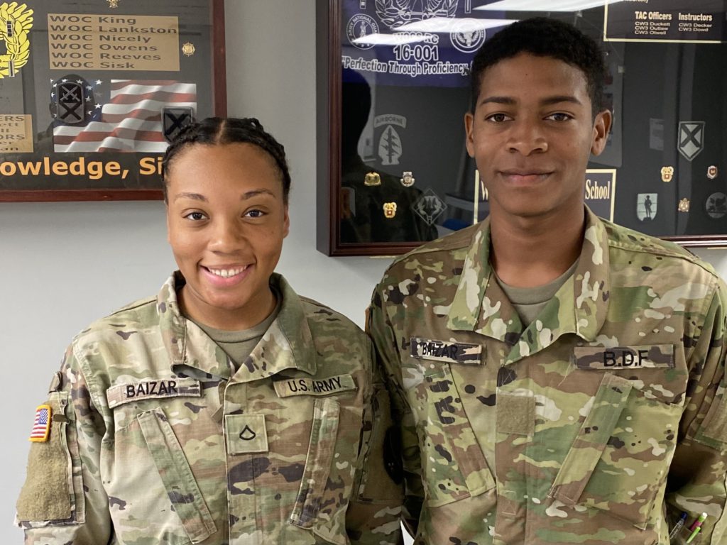 Louisiana National Guard Officer Candidate Savannah Baizar and Belize Defence Force Officer Candidate Renon Baizar meet each other for the first time during Officer Candidate School at Camp Beauregard, La, June 10, 2021. The two discovered they were second cousins by surprise and hope to build stronger family ties going forward. (U.S. Army National Guard courtesy photo)