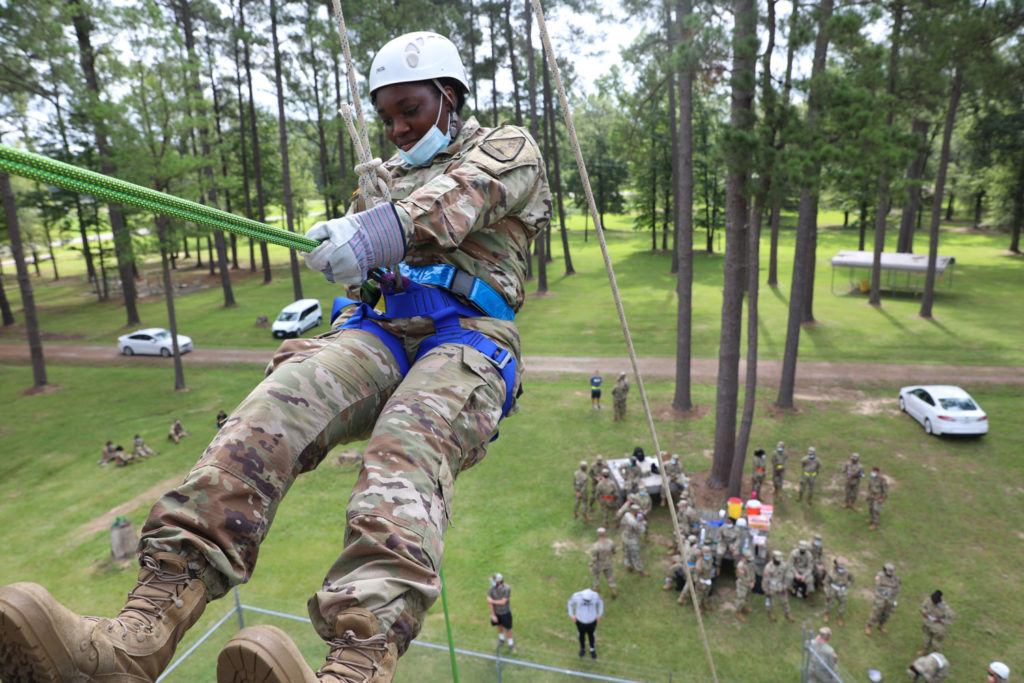 Louisiana National Guard recruits with Company A, Recruit Sustainment Program rappel from a tower at Camp Minden in Minden, La., July 10, 2021. The training was part of their high impact training, which is designed to prepare them for life in the Guard once they get to their units. (U.S. Army National Guard photo by Cadet Anna M. Churco)