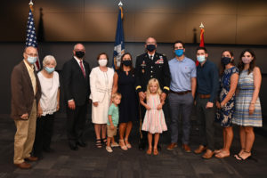 Maj. Gen. Keith Waddell, adjutant general of the Louisiana National Guard, and his family pose for a picture with Louisiana Governor John Bel Edwards following his promotion ceremony to his current rank. Governor Edwards presided over the private ceremony at the Governor’s Office of Homeland Security and Emergency Preparedness on July 30, 2021, in Baton Rouge, La. Maj. Gen. Waddell joined the United States Army for four years prior to transferring to the Louisiana National Guard in 1995. (U.S. Air National Guard photo by Master Sgt. Toby Valadie)