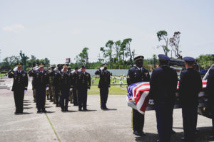 A Louisiana National Guard Military Funeral Honors Team pays respects during a fallen soldier’s military service, July 24, 2021. Over the last year alone, the team proudly rendered honors at more than 1,500 veterans’ funerals, honoring them for their service. (U.S. Army National Guard photo by Sgt. 1st Class Denis Ricou)